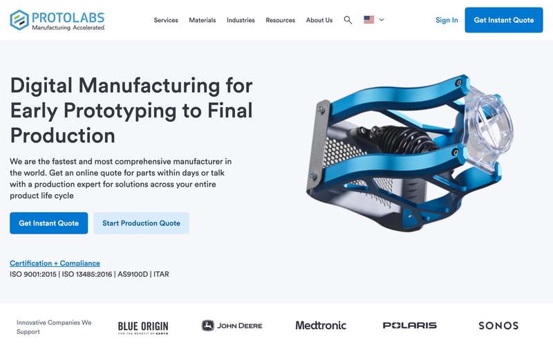 ProtoLabs website showing clean layout with well-organized content blocks and clear navigation