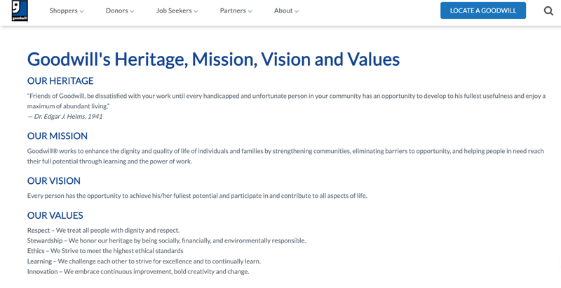 Goodwill nonprofit mission and values example
