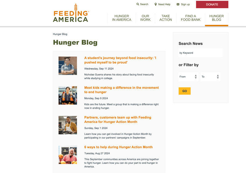 Feeding America blog section example