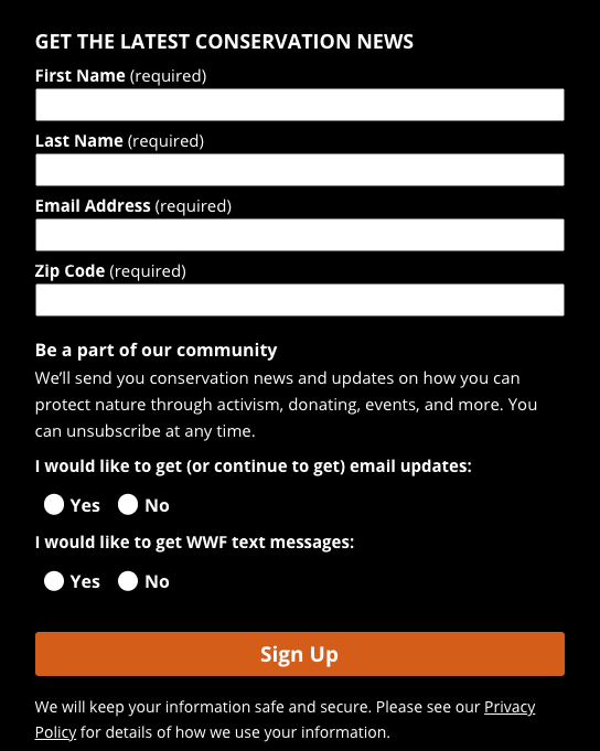 Nonprofit detailed newsletter sign-up form example