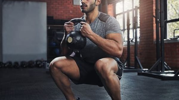 Man doing leg workouts in a gym with kettle weights