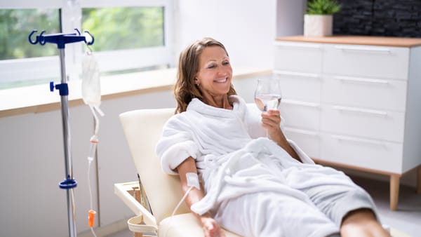 Smiling woman receiving vitamin IV