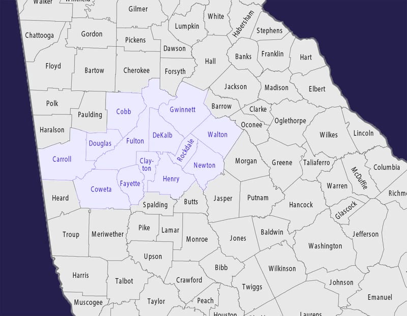 Map of counties in Georgia served by Serenity Bay Hospice