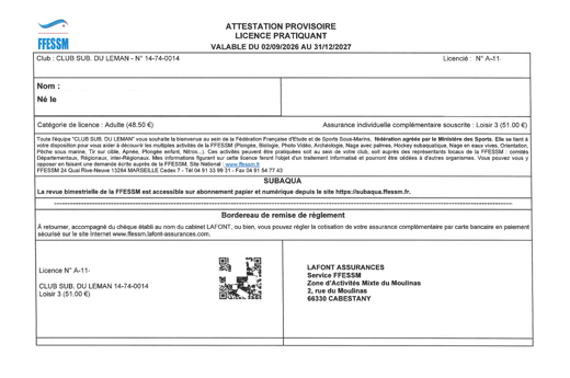 Exemple d'attestation de licence FFESSM
