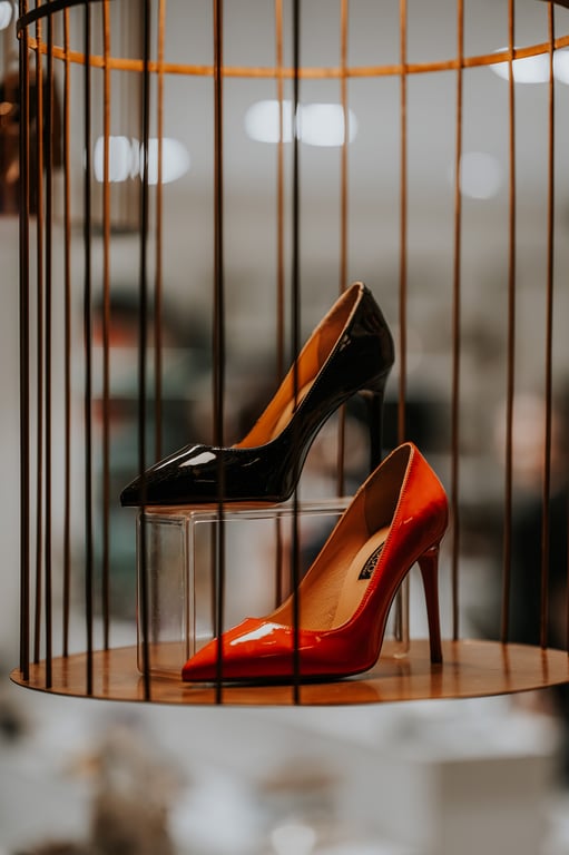 Schwarze und rote High Heels elegant im Schaufenster