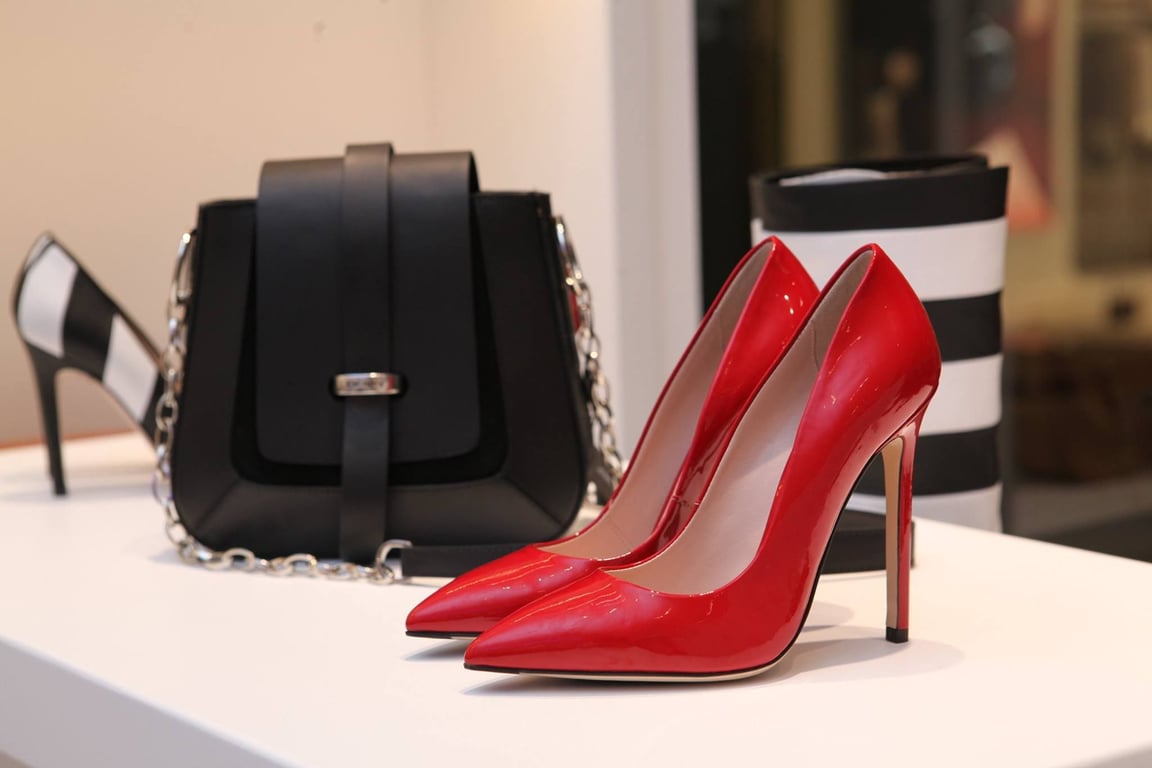 Rote Stilettos und schwarze Handtasche in einer Luxus-Boutique