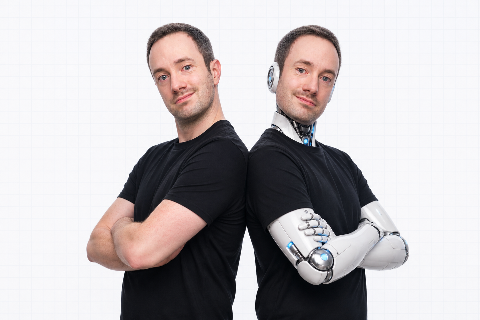 Gael standing back-to-back with a robot duplicate of himself, both with arms crossed
