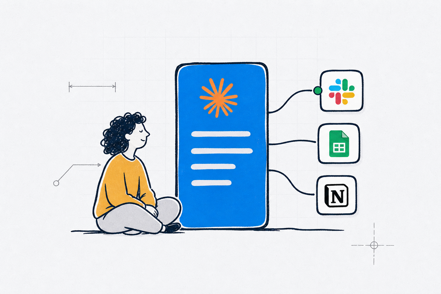 Illustration of a Claude chat panel calling out to Slack, Google Sheets and Notion while a person watches it work