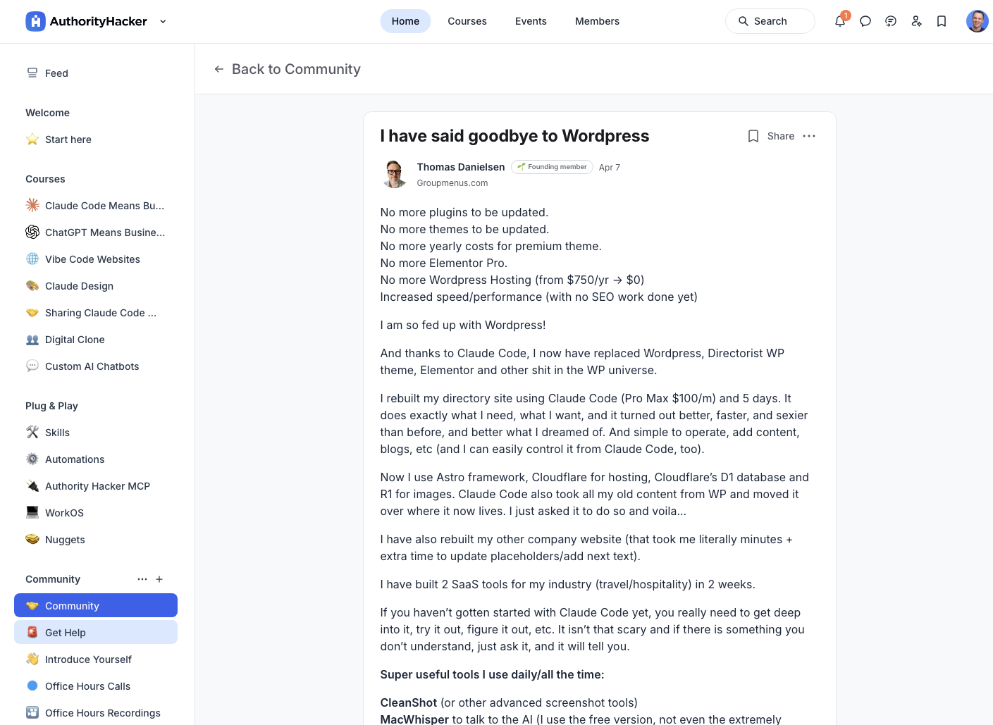 A member post inside the AI Accelerator community describing replacing WordPress with a site rebuilt in Claude Code in 5 days