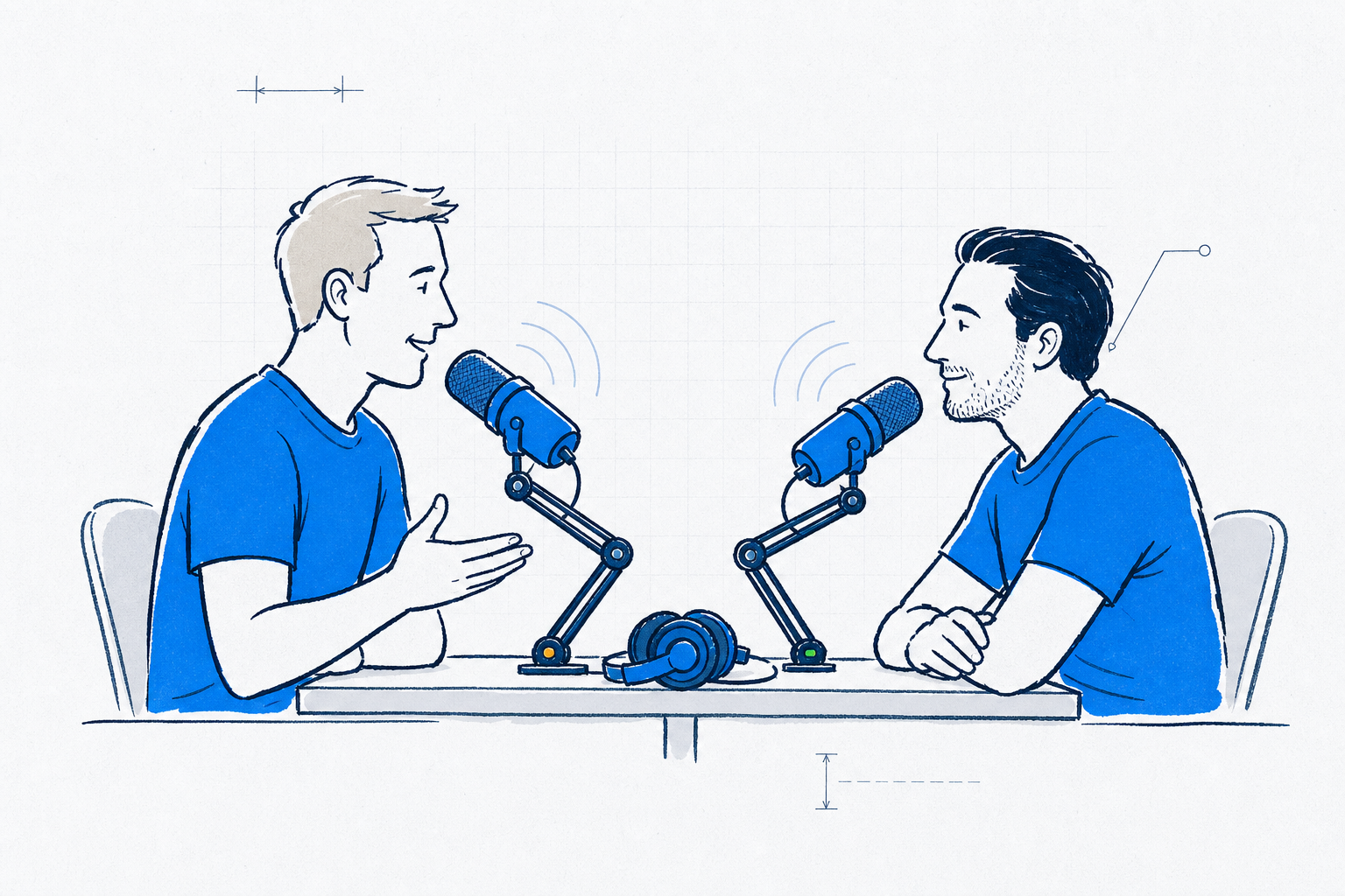 Illustration of the two Authority Hacker founders recording a podcast episode across a pair of studio microphones