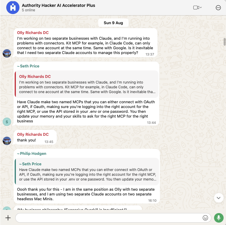Messages in the Plus WhatsApp group, with members asking questions and getting direct answers