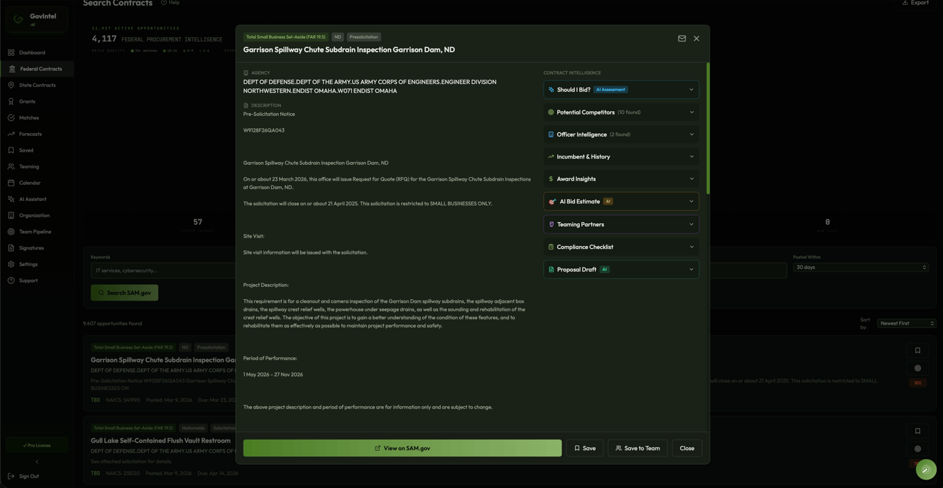Contract intelligence panel showing AI bid assessment, competitor analysis, and officer intelligence