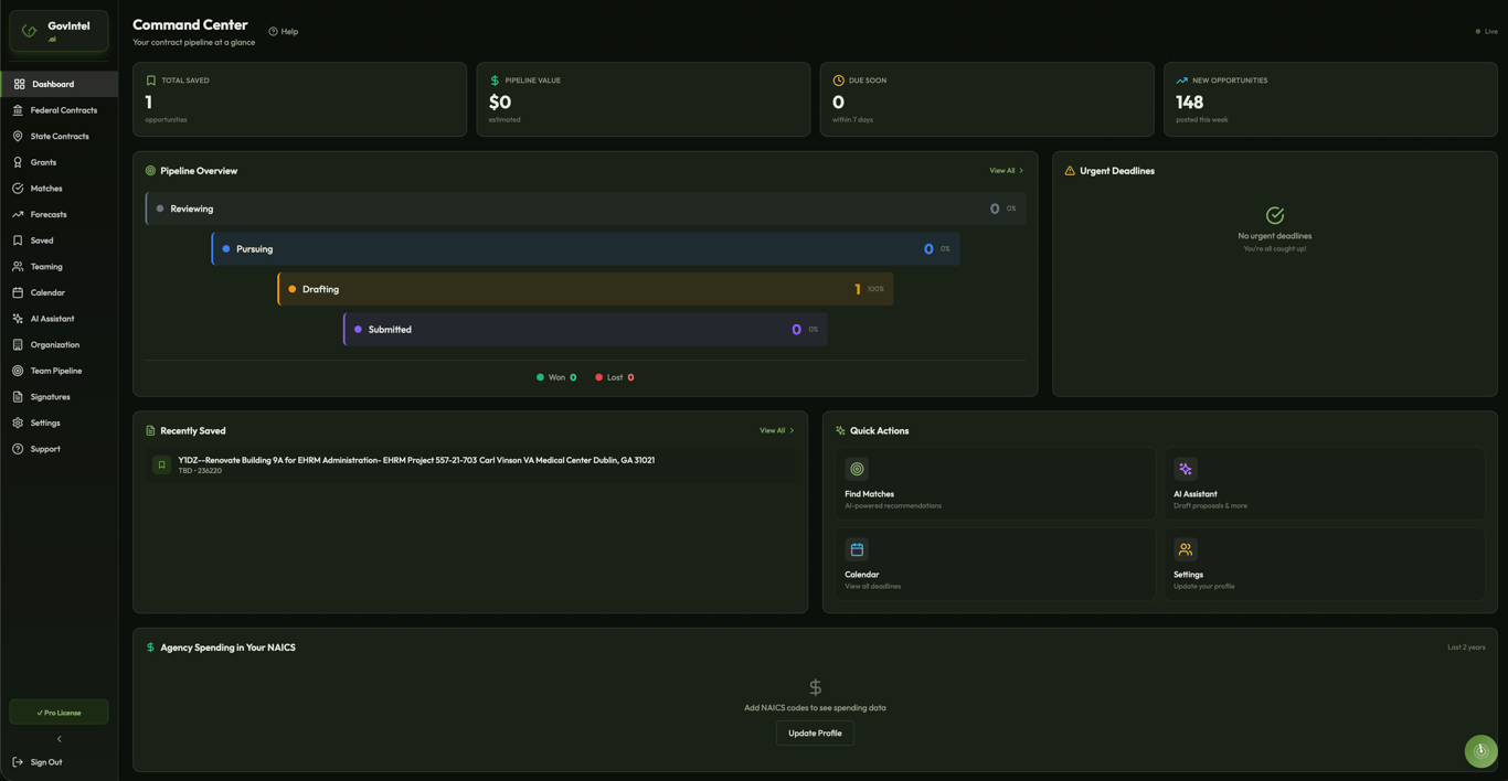 Federal contract search with interactive state heatmap and AI match scoring