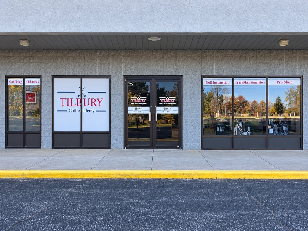 The Tilbury Golf Academy storefront in Fremont: Club Fitting, Golf Instruction, TrackMan Simulators, and Pro Shop on the windows