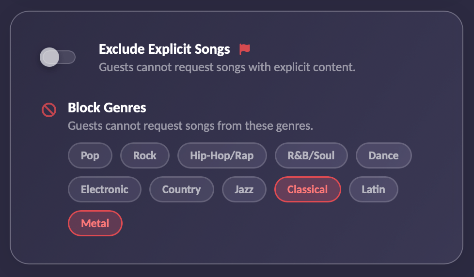Tap a genre to block it, and guests will not find those tracks at all.