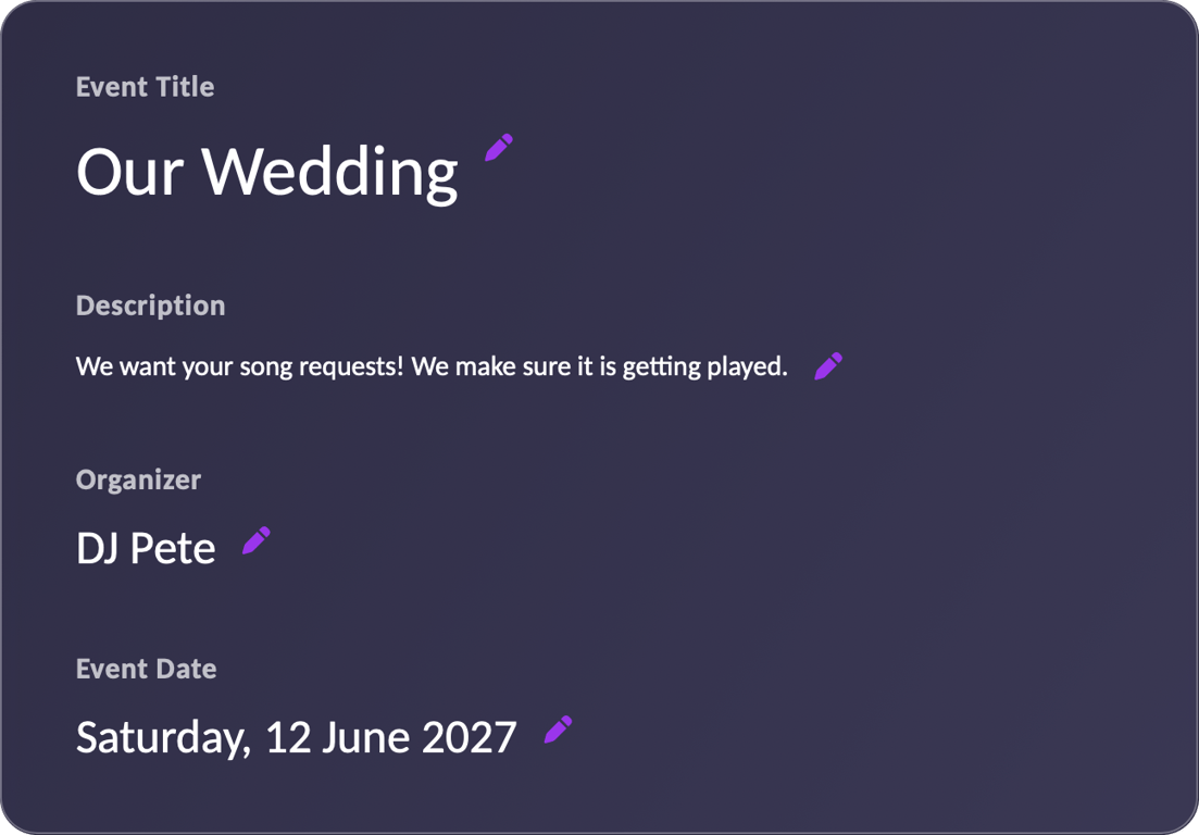 Edit your event title, description, organizer and date from the Texts tab.