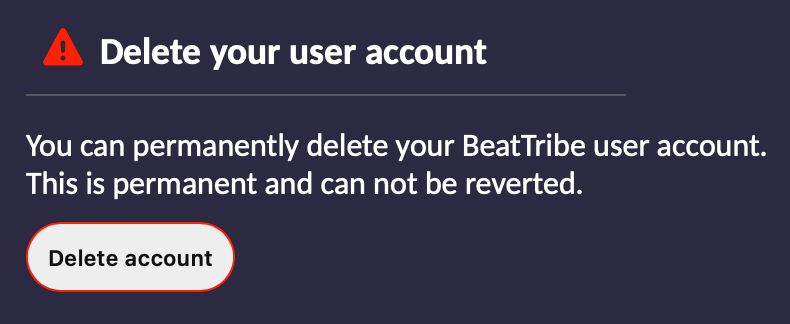 Account deletion lives in User Settings, and cannot be undone.