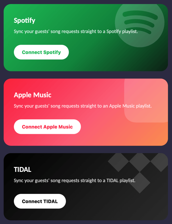 Connect Spotify, Apple Music or TIDAL from the Playlists & Sync tab.