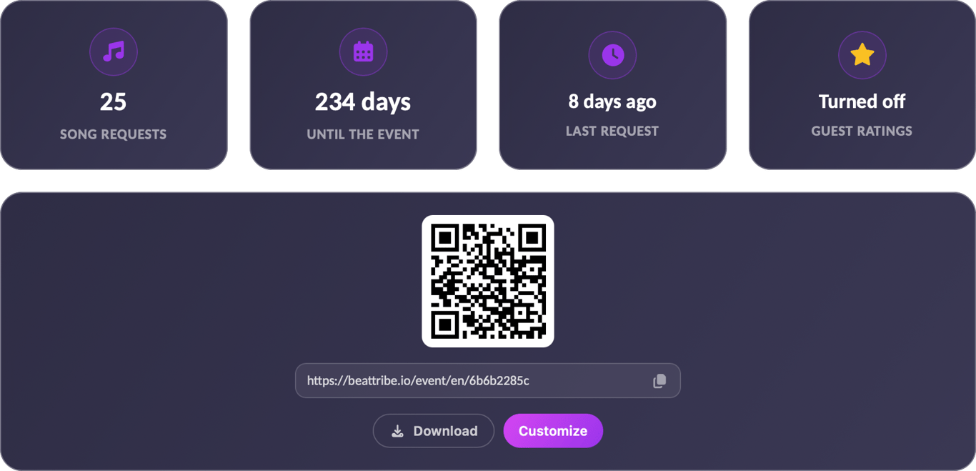 Your event at a glance: requests so far, days to go, last activity and your QR code.