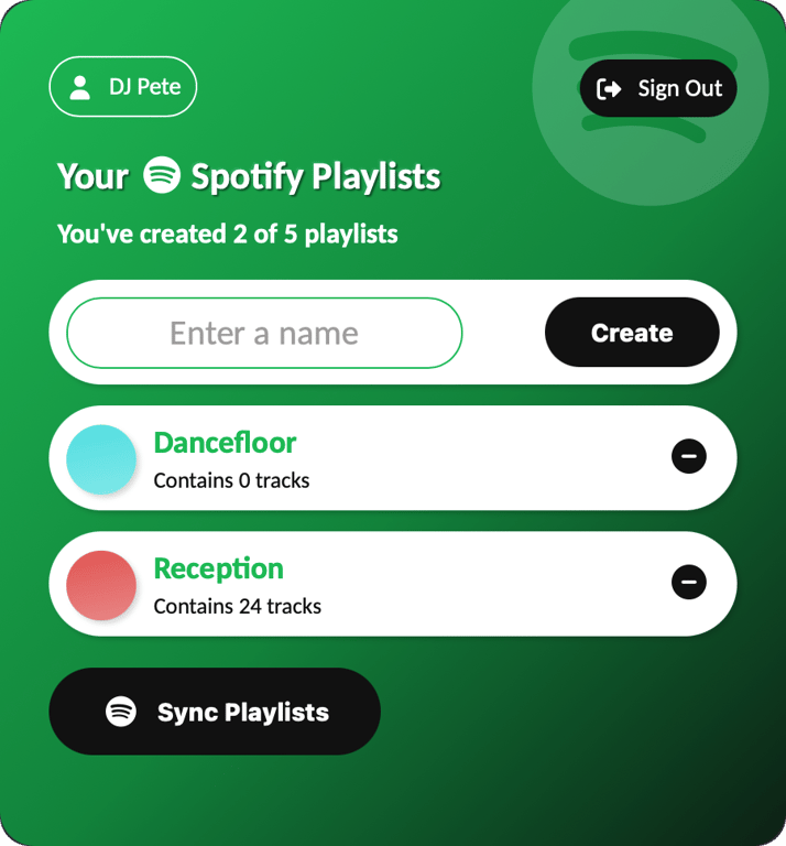Pro gives you up to five playlists per event. Name one and click Create.