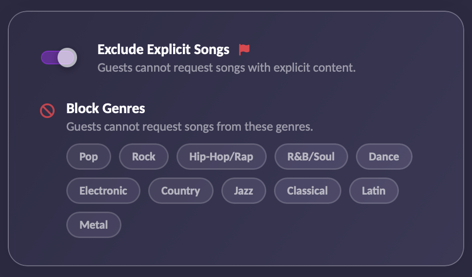Exclude Explicit Songs keeps explicit tracks out of your guests search results.