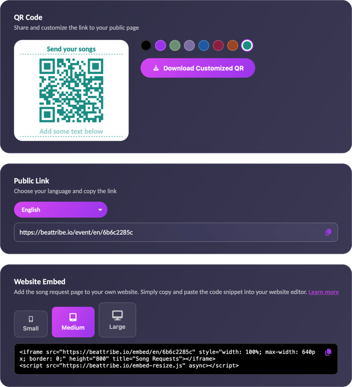 Everything you need to share your event lives in the QR & Share tab.