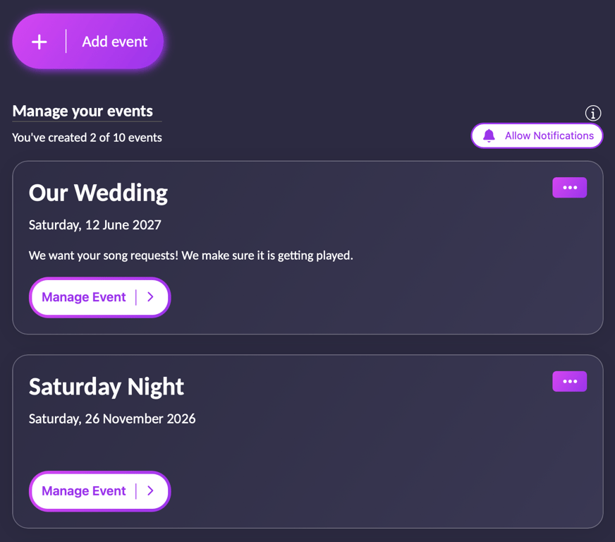 Add multiple events and switch between them.