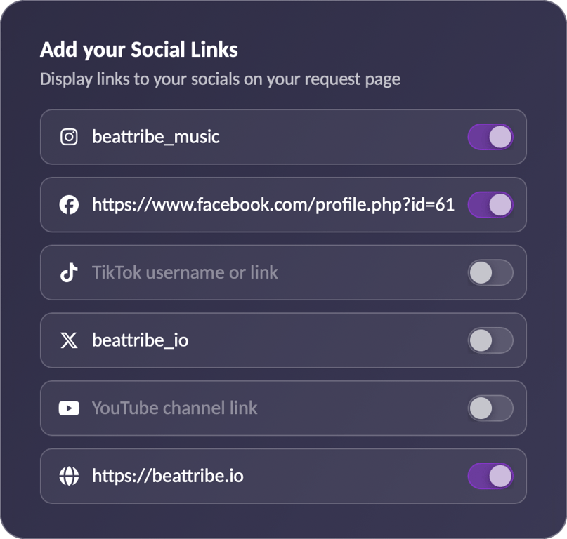 Add your profiles once, then choose which ones to show for each event.