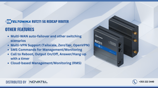 Other Features of this 5G RedCap Router Ireland: Multi-WAN auto-failover and other switching scenarios, Multi-VPN Support (Tailscale, ZeroTier, OpenVPN), SMS Commands for Management/Monitoring, Call to Reboot, Get Status, Wi-Fi On/Off, Cloud-based Management/Monitoring (RMS)