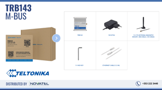 Standard Package Contains the TRB143 Unit, 18W EU PSU, 1 x LTE antenna, 1 x Hex Key, LAN cable, and the Quick Start Guide