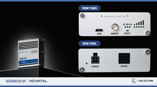 The Teltonika TRB145 Front Panel and Rear Panel View - This Gateway Supports All Mobile Network Operator in Ireland, the UK, and the Rest of the World. Connect RS485 Devices to the Internet