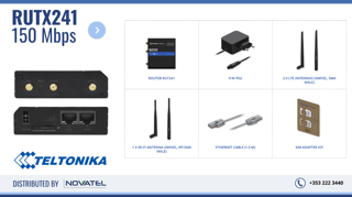 Standard Package Content: The RUT241 Router Unit, 9 W PSU, 2 x LTE antennas (swivel, SMA male), 1 x Wi-Fi antenna (swivel, RP-SMA male), Ethernet cable (1.5 m), SIM Adapter kit, QSG (Quick Start Guide) 