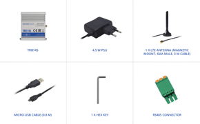 The TRB145 retail box contains the following; the TRB145 unit, 4.5W EU PSU, 1 x LTE antenna, Micro-USB cable (0.8 m), 1pc. Hex Key, 1pc. RS485 Connector, RMS Flyer, Quick Start Guide