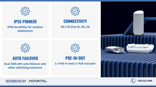 The Teltonika OTD140 Router offers fast LTE Cat 4 speeds, remote RMS control, dual PoE ports, and durable IP55 housing for outdoor use.