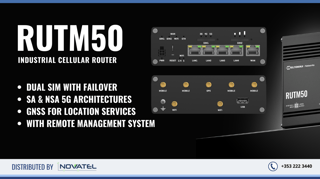 Reference Image: Quick Features for the RUTM50 Dual SIM For Auto Failover, SA & NSA 5G architectures, GNSS for location services, Remote Management Access Capability, and more 