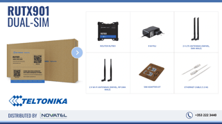 Reference Image: What are included in the Teltonika RUT901 Retail Box; 9 W PSU, 2 x LTE antennas (swivel, SMA male), 2 x Wi-Fi antennas (swivel, RP-SMA male), Ethernet cable (1.5 m), SIM Adapter kit, and the QSG (Quick Start Guide)