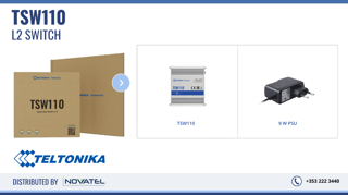 Teltonika TSW110 Industrial Unmanaged Switch in Ireland, package contains; TSW110 unit, 9W EU PSU, QSQ, Packaging Box