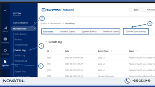 Teltonika WebUi Events Log Export: Under System > Administration > Maintenance > Events Log > Choose which Logs