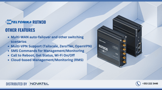 What Sets the RUTM30 Apart: Multi-WAN auto-failover and other switching scenarios, Multi-VPN Support (Tailscale, ZeroTier, OpenVPN), SMS Commands for Management/Monitoring, Call to Reboot, Get Status, Wi-Fi On/Off, Cloud-based Management/Monitoring (RMS)