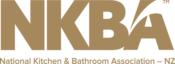 Logo for the National Kitchen & Bathroom Association NZ, featuring large gold letters NKBA with a stylized design, ideal for those interested in kitchen remodel projects, with the organizations full name in smaller text underneath.