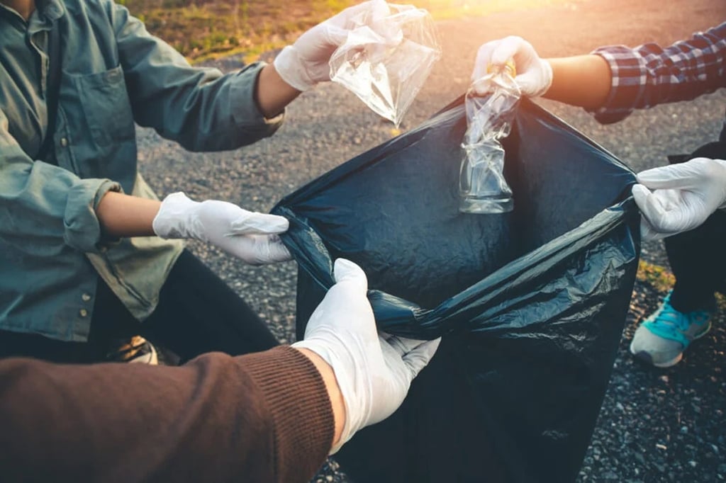gloved hands putting trash in a bag
