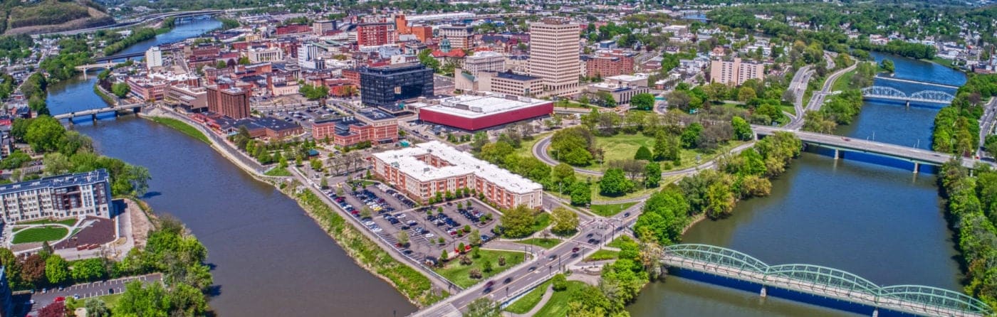 Aerial view of a city with a river running through it