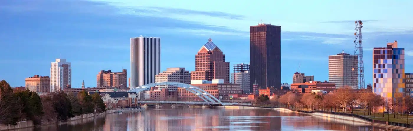 Rochester New York city skyline with river