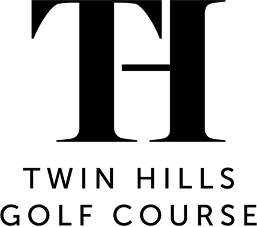 A black logo featuring the letters 'TH' and the words 'Twin Hills Golf Course'