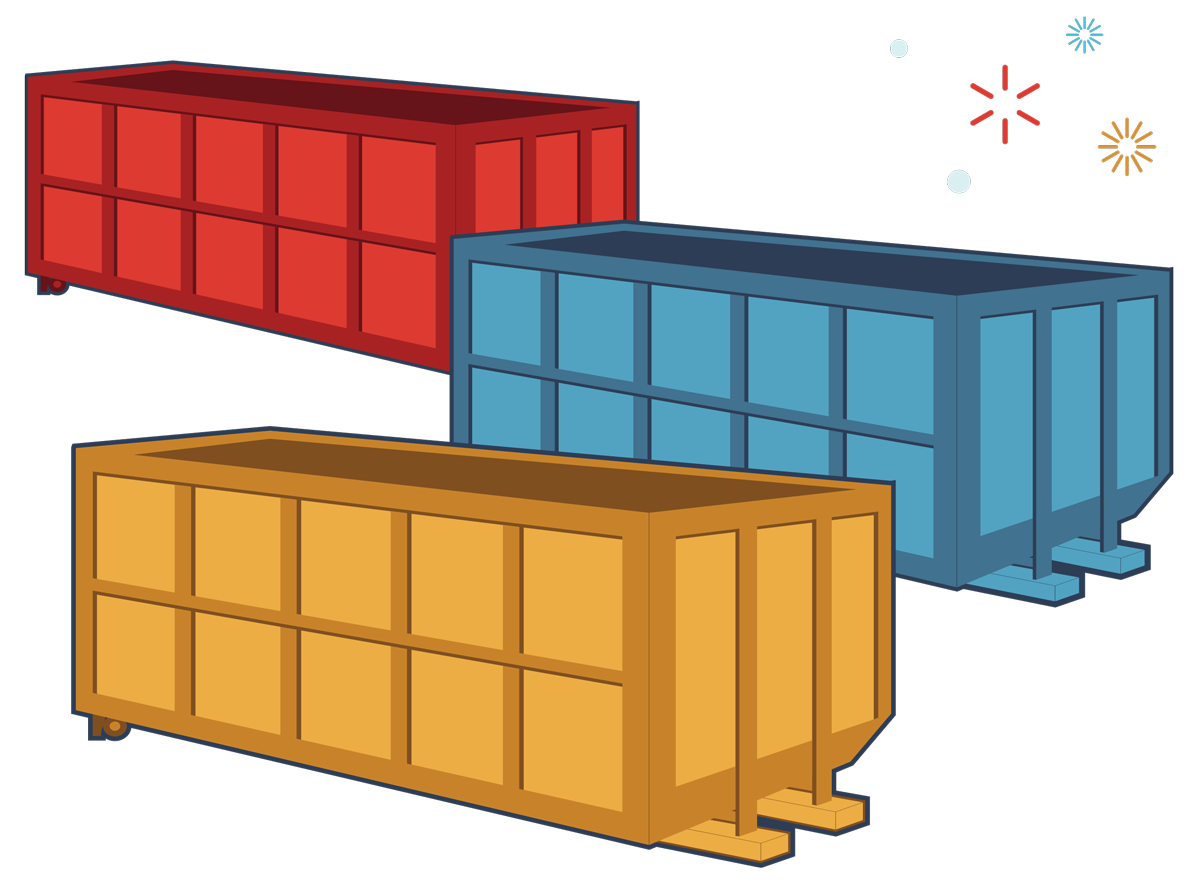 Three gray shipping containers. Industrial storage units.