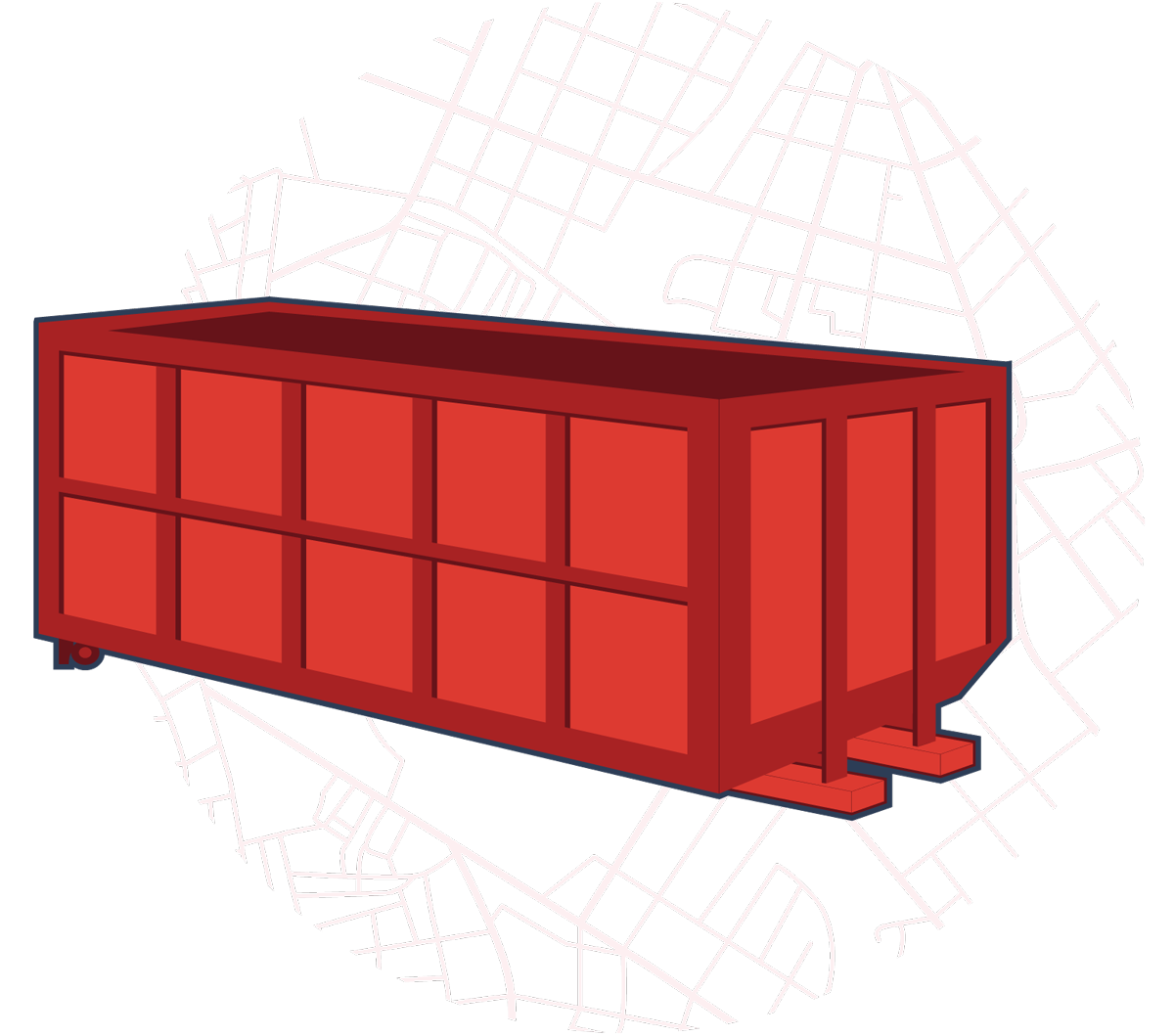 Grey shipping container. A diagram is visible in the background.