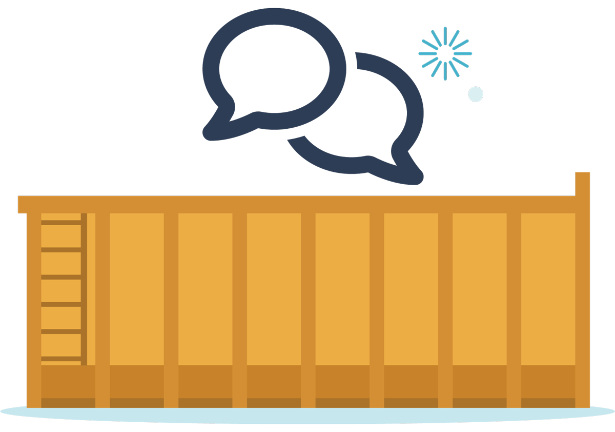 A gray shipping container with two chat bubbles above it. The chat bubbles appear to be in conversation.