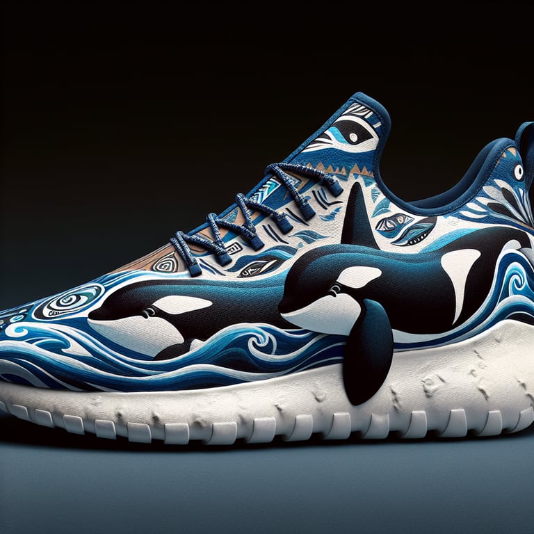 sneaker inspired by Pacific Northwest culture, featuring orca whale designs