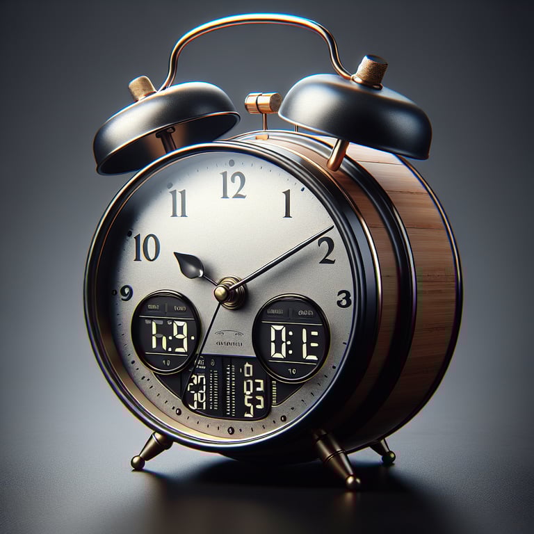 Realistic product photo of alarm clock that blends old school and modern designs. It is a very simple clock face that also displays the digital time. it is such a realistic photo that someone would be able to make a buying decision off of the image.