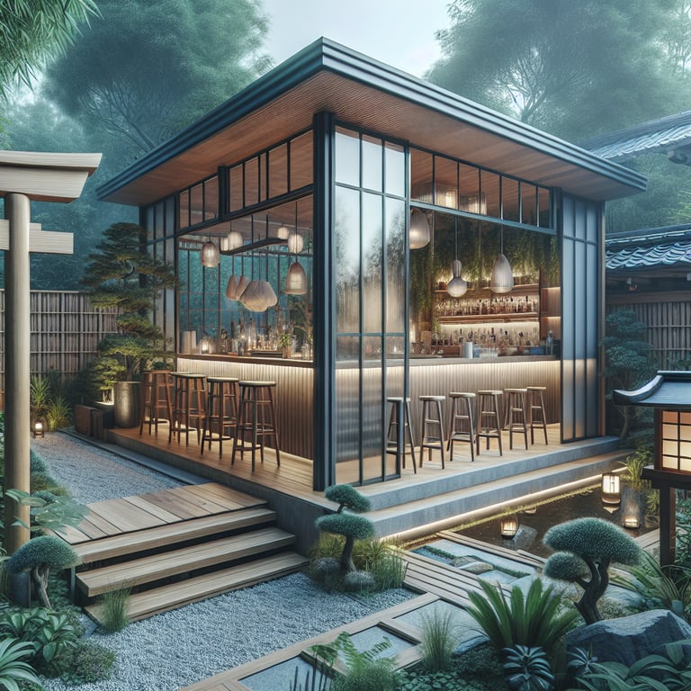 Generate a very realistic architectural render of a glassy Japanese-style backyard bar.
